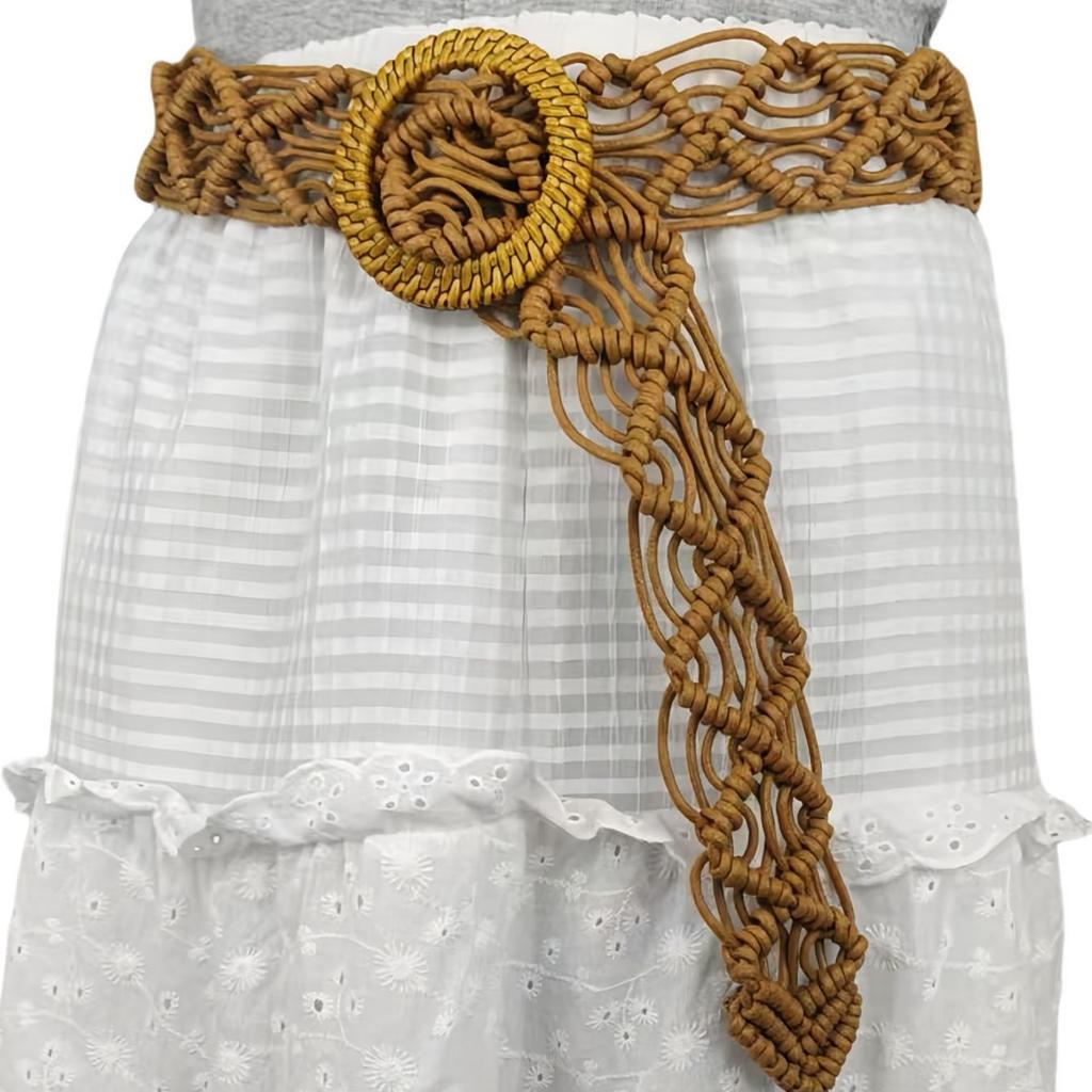 Bohemian Belt Women's Skirt Shirt Dress Wide Version Woven Waist Seal Round Button Ethnic Style Casual Decoration