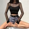 Beach Sexy Hollow Out Fishnet Long Sleeve Round Neck Women Slim Fit Crop Top