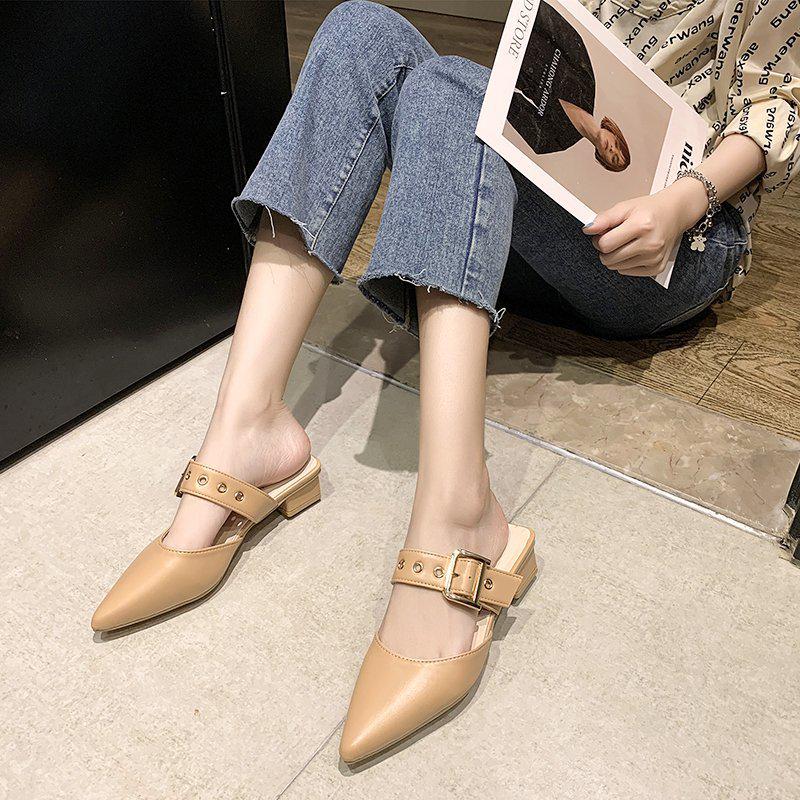 Women's 2025 Summer Korean Style Pointed Toe Closed Slippers with Belt Buckle & Chunky Heel