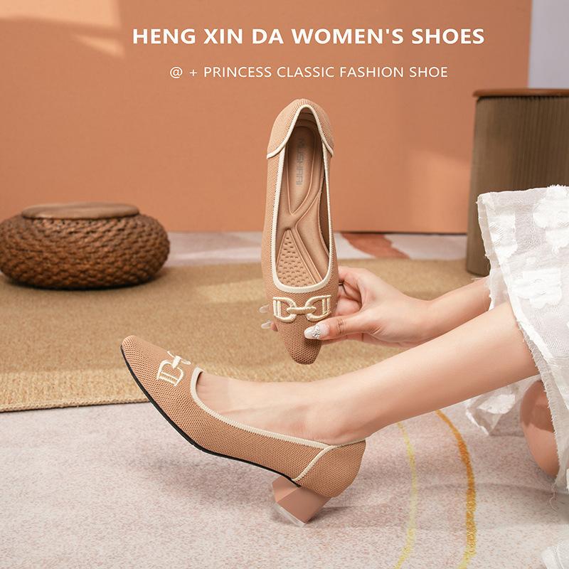 Coarse heel single shoes women's shoes knitted spring and autumn embroidery Japanese medium heel flying knitting temperament high heel