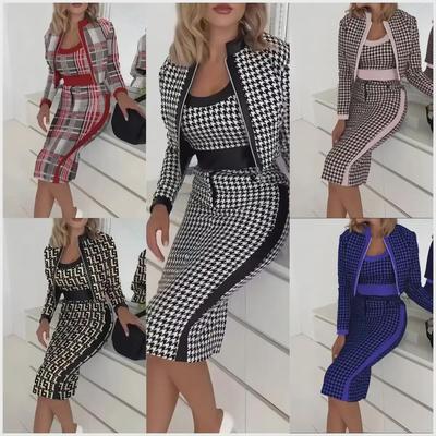 Chic Women's Slim Fit Three-Piece Set: Long-Sleeved Print Jacket, Vest, and Skirt