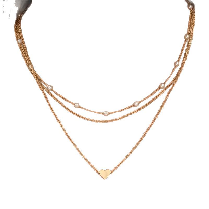 Triple-Layer Pearl Heart Pendant Necklace - Women's Simple Clavicle Chain Jewelry