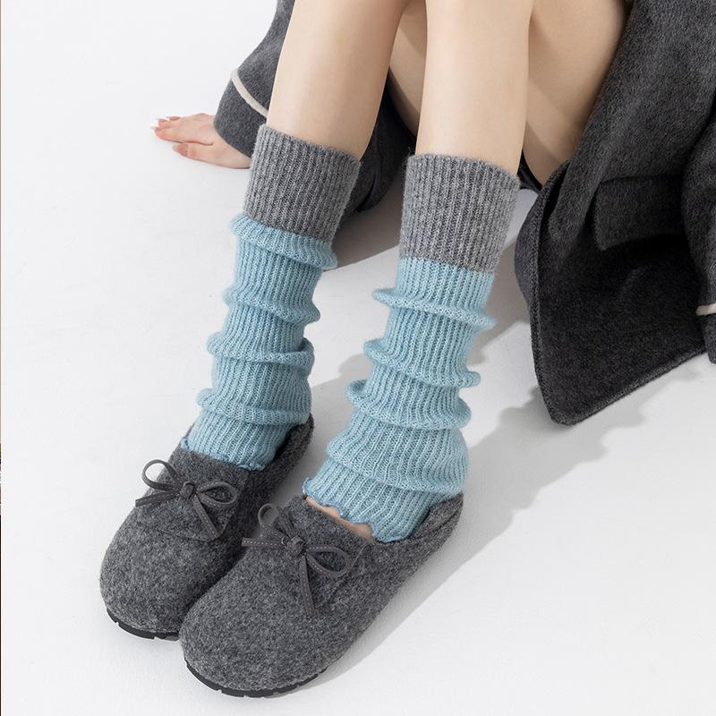 Stiefel Baumwolle Stapelsocken Überzug Gestrickte Wolle Beinüberzug Wolle Verdickt Warm Kontrastierende Spleißung Grau Wade