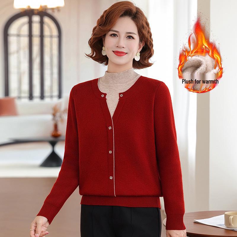 Mom's 2025 Winter Two-Piece Style Plus Velvet Sweater for Middle-Aged & Elderly Women - Thickened Autumn/Winter Velvet Base Layer Shirt