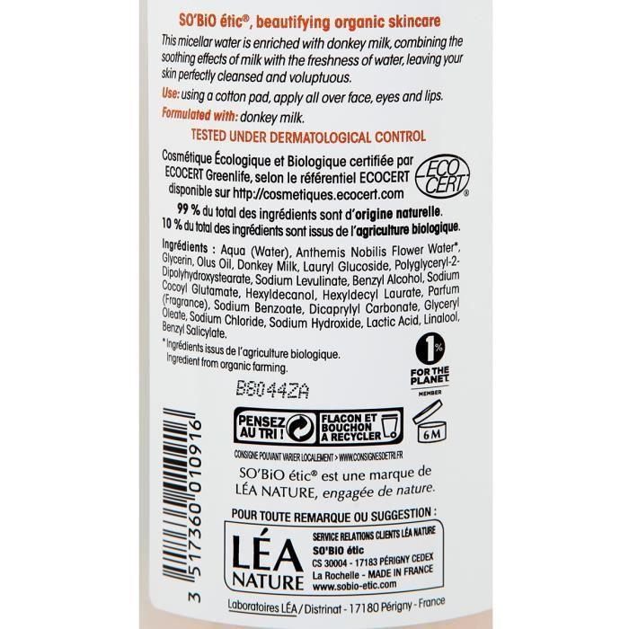 Sobio eau micellaire lactée "mon lait d'ânesse" - 500 ml - efficace et ultra-douce
