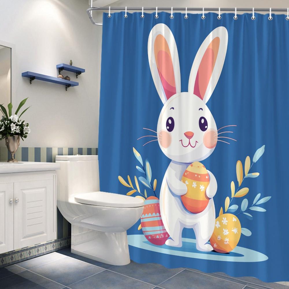 Cheerful Bunny Shower Curtain - Striped Easter Eggs & Snowflakes, Vibrant Colors, Polyester, Perfect for Spring