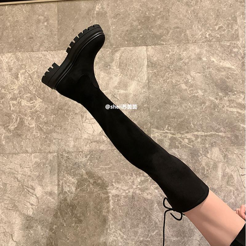 Legs Fine Bi Preparation~ SW Thick High Heel Thick Bottom Round Head Velvet Long Elastic Boots Women's Knee Boots Show Height