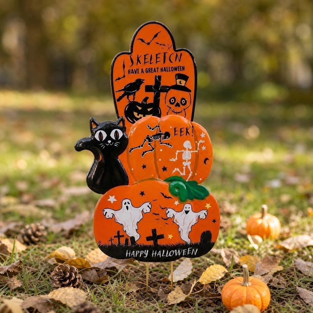 Metal Halloween Pumpkin Yard Stake Outdoor Lawn Decoration Garden Art Iron Halloween Pumpkin Sign with Ghost Skeleton Cat Design