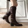 Fashion 2025 Winter Vintage Women Knee High Boot Concise Slip On Thick Heel Shoes Square Toe Knight Long Booties