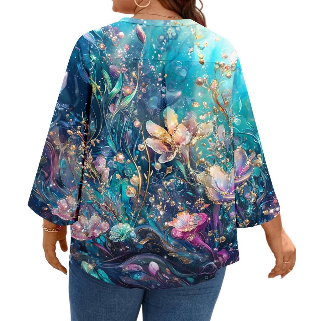 Women's Printing V-neck Plus Size Tops 3/4 Sleeves Elegant Shirt Tops