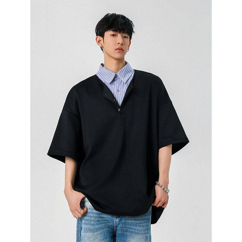 Dongjie Nologo Summer Two-Piece Patchwork Striped Lapel Short-Sleeve T-Shirt for Men, Bai Jingting's Goodbai Top