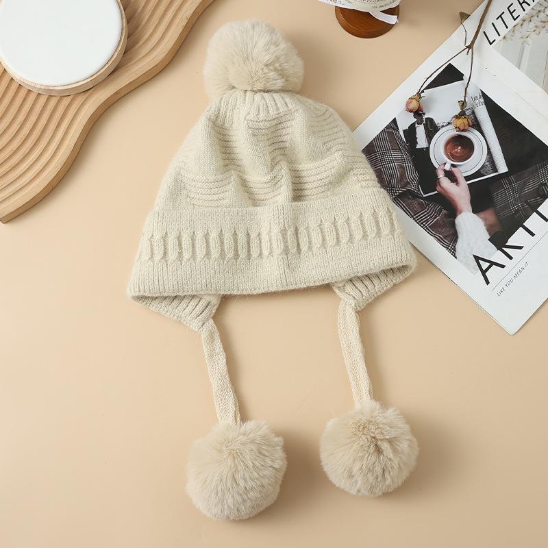 Sweet and Cute Triangle Striped Rabbit Fur Plus Velvet Warm Hat Autumn and Winter Fashion Casual Wool Hat Outdoor Cold Hat Korean