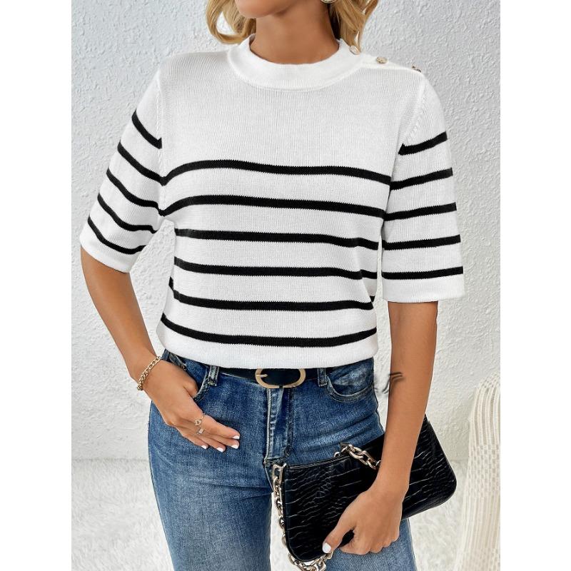 Women S Striped Button Spliced Pullover Round Neck Short Sleeve Knit Sweater