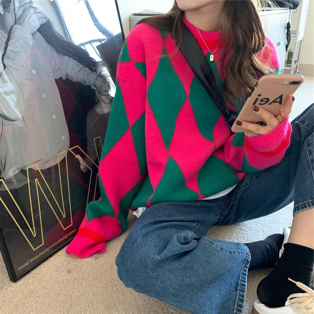 Autumn Women’s Pullovers Casual Long Sleeve Loose Sweater Fashion Diamond Pattern Round Neck Knitwear Winter Warm Streetwear