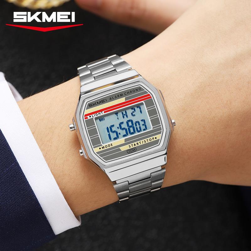 SKMEI 2514 Fashion Casual Men's Digital Watch Steel Strap Waterproof Small Square Dial Multifunction Male Electronic Clock Gift
