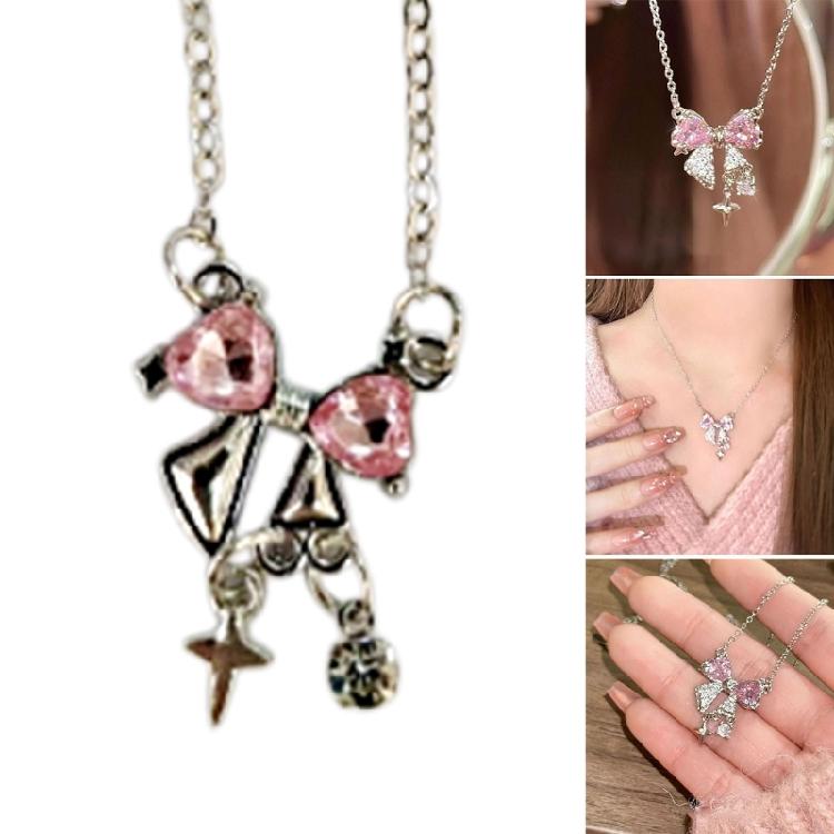 Delicate Pink Bowknot Pendant Necklace Zinc Alloy Texture Chain Necklace for Women Clavicle Birthday Party Anniversary