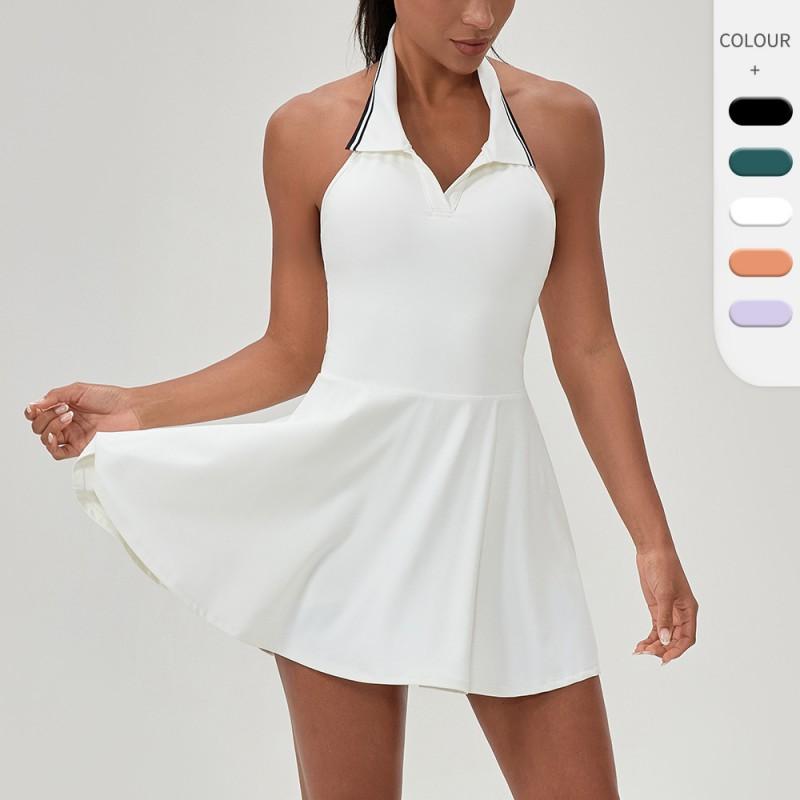 Womens Sporty Halter Neck Tennis Dress With Contrast Collar Golf Fitness Jumpsuit Active Wear
