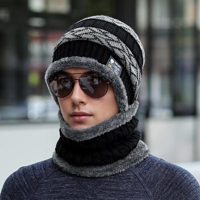 Thick Warm Black Knitted Men's Winter Hat with Scarf
