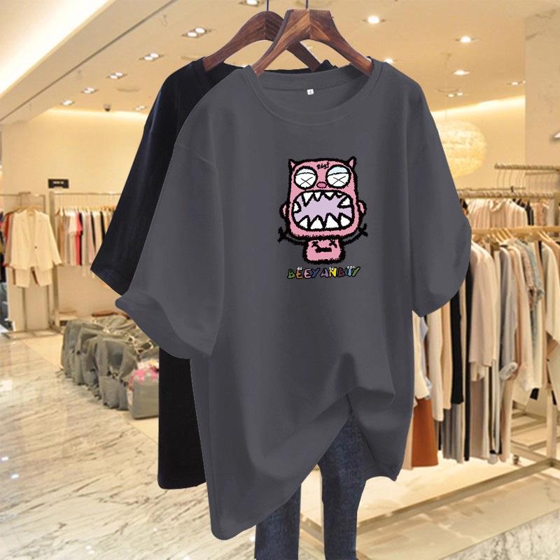 Women's Retro Cartoon Print Loose T-Shirt - Mid-Length, Round Neck, Short Sleeve, Oversized Summer Top