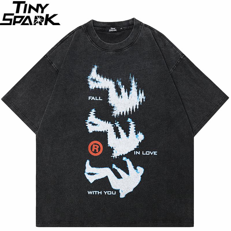 Hip Hop Streetwear Men TShirt Oversized Falling Shadow Funny Graphic T Shirt Washed Black Tshirt Cotton Unisex Tops Tees