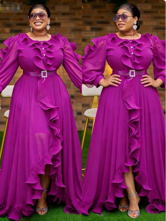 Plus Size Elegant Rose Red Chiffon Evening Gown with Ruffled Irregular Hem