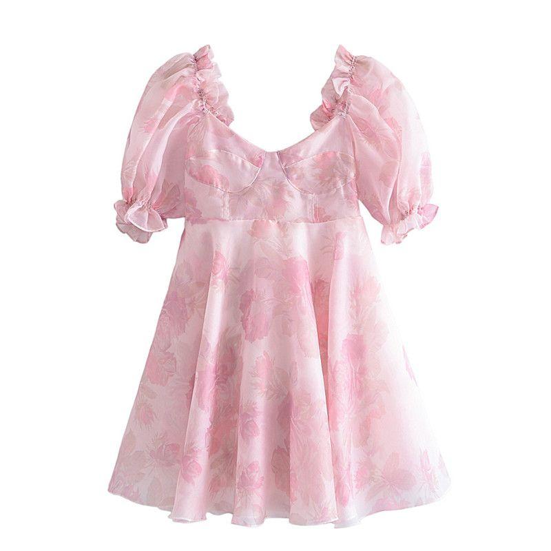 

Escape Fairy Lotus Rhizome Node Puff Organza Dress Short-sleeved Moonlight powder(High quality) M