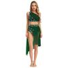 Womens Lyrical Modern Dance Outfits Dancewear One Shoulder Ruched Mesh Overlay Rhinestones Crop Top with Irregular Hem Skirt