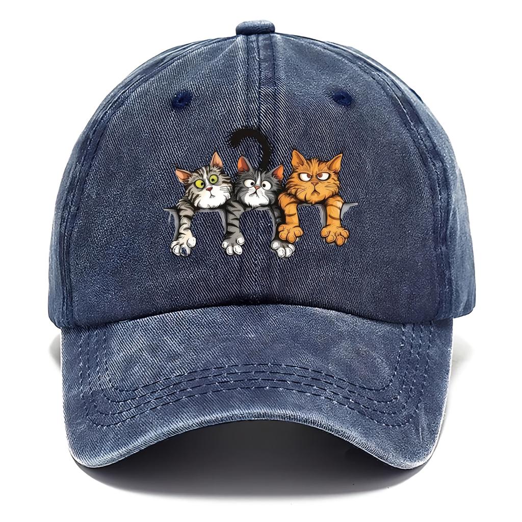 For One Piece of a Hat Featuring Three Cats a CartoonPrinted Street Cap a Washed Baseball Cap an Adjustable Style Hat