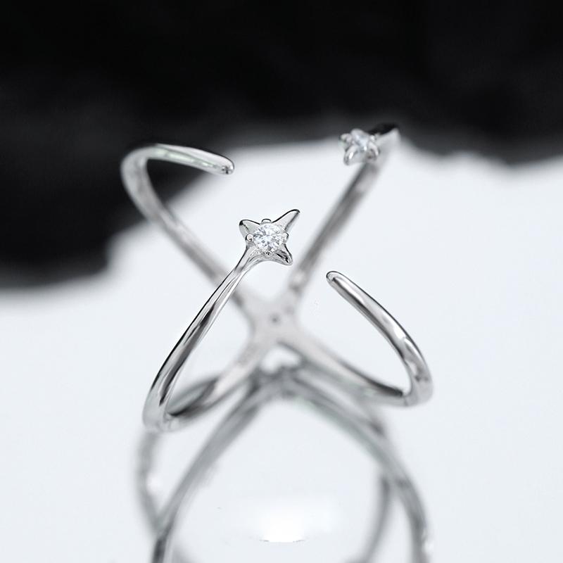 PONYKISS  Sterling Silver Zircon Star Cross Opening Rings for Women Romantic Fine  Minimalist Sweet Cool Accessories