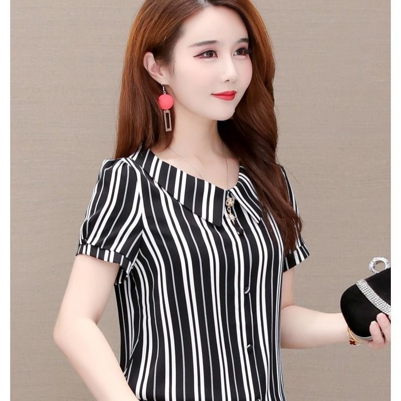 Versiunea coreeană cămașă cu dungi cu mâneci scurte bluză cu gât de păpușă cu fundul vară nou Top M-3XL