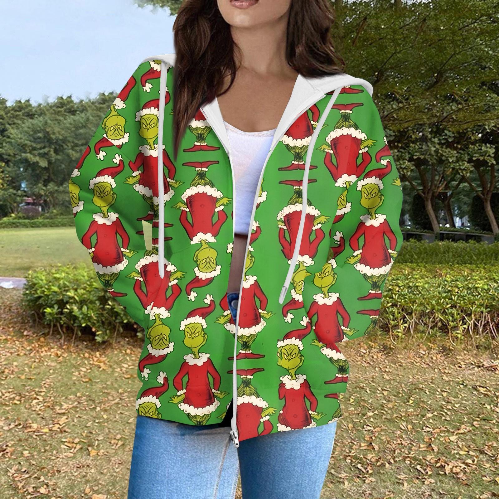 

Женская модная повседневная толстовка с рождественским принтом и длинными рукавами, карманная куртка, пальто с капюшоном на молнии L армия зеленый