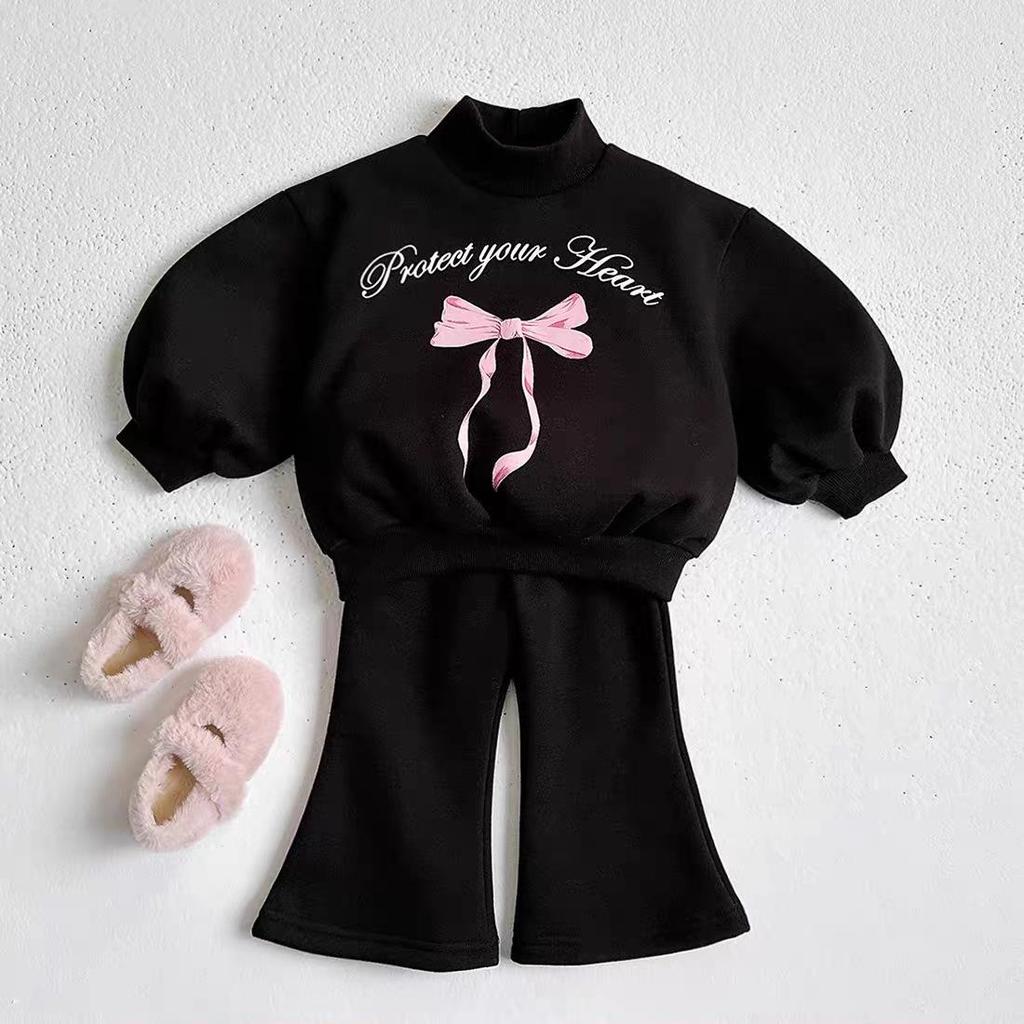 Girls' Winter Two-Piece Set: Princess-Style Velvet Hoodie & Flare Pants