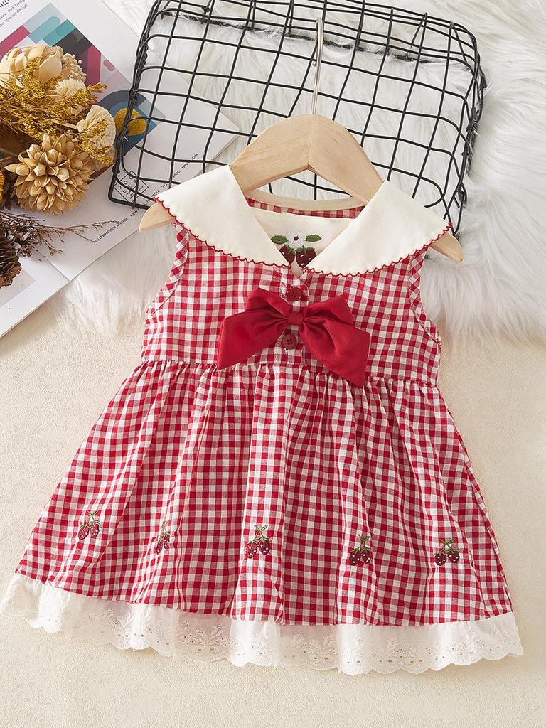 Mädchen Marineblau Kragen Kirschbestickt Sommerkleid – College-Stil Prinzessinnenmode