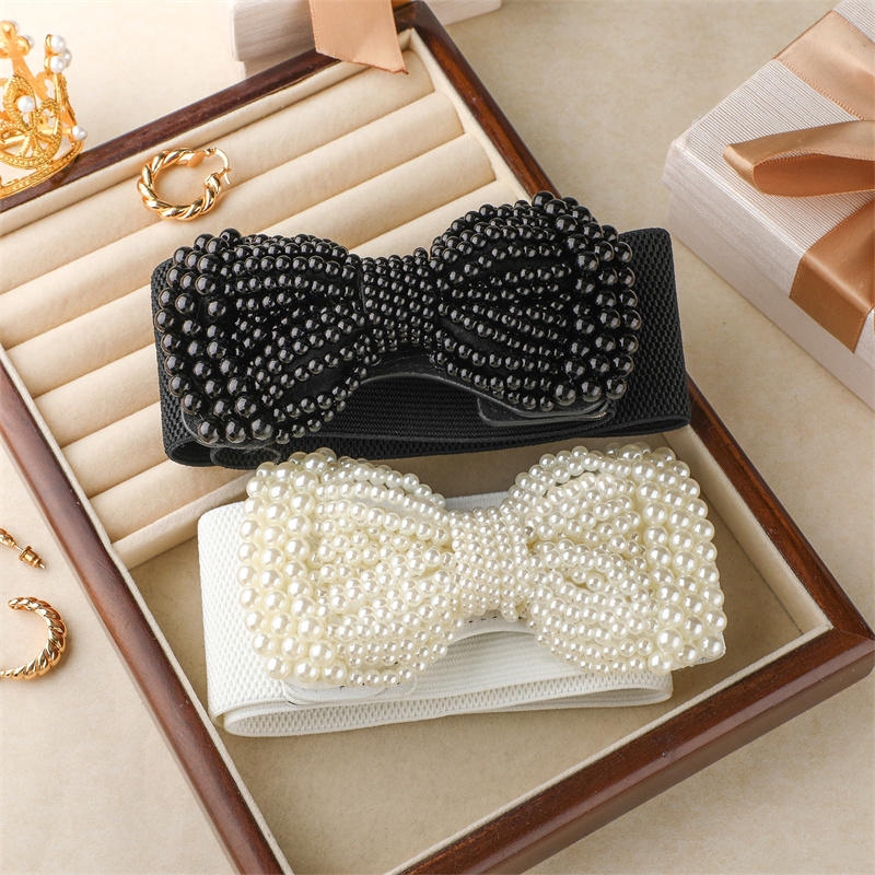 Women Pearl Bow Belt Elegant Wide Elastic Waist Cincher Fashion Accessory Dress Sash Wedding Party Waistband Stylish Adjustable All-Match Solid Color