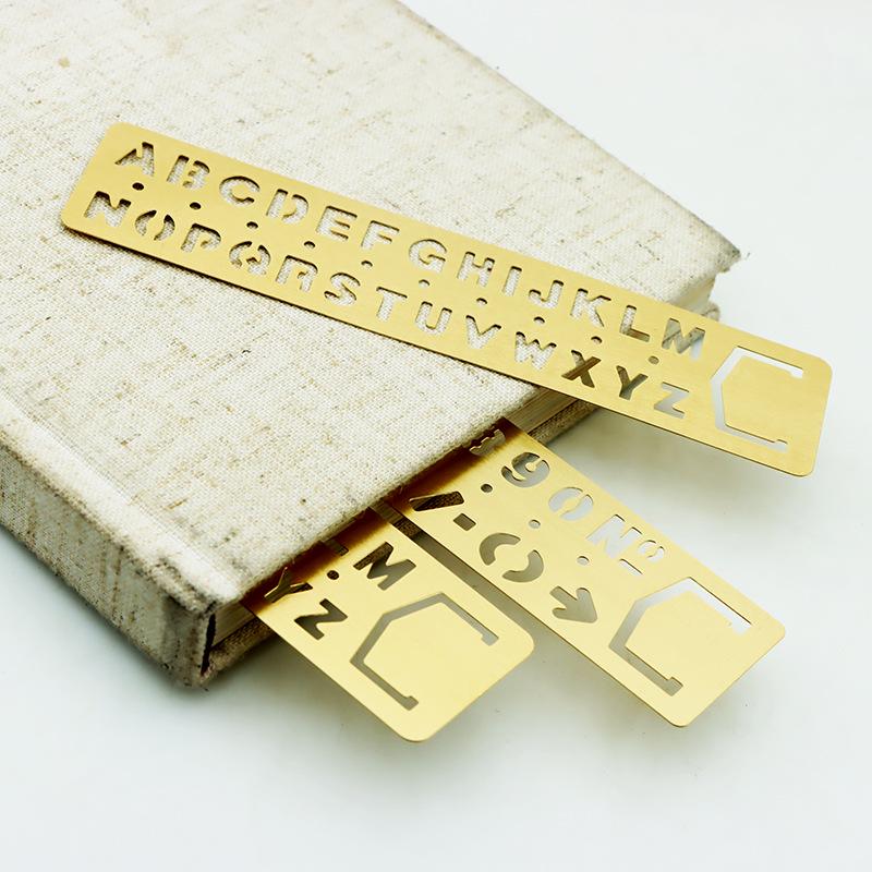Vintage Brass Bookmark & Multi-functional Ruler – Hollow Metal Design with Letters & Numbers for Students