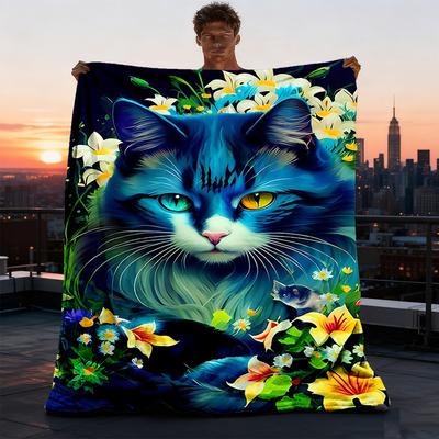 1pc Blue Cat Flowers Print Outdoor Blanket, Lightweight Polyester,