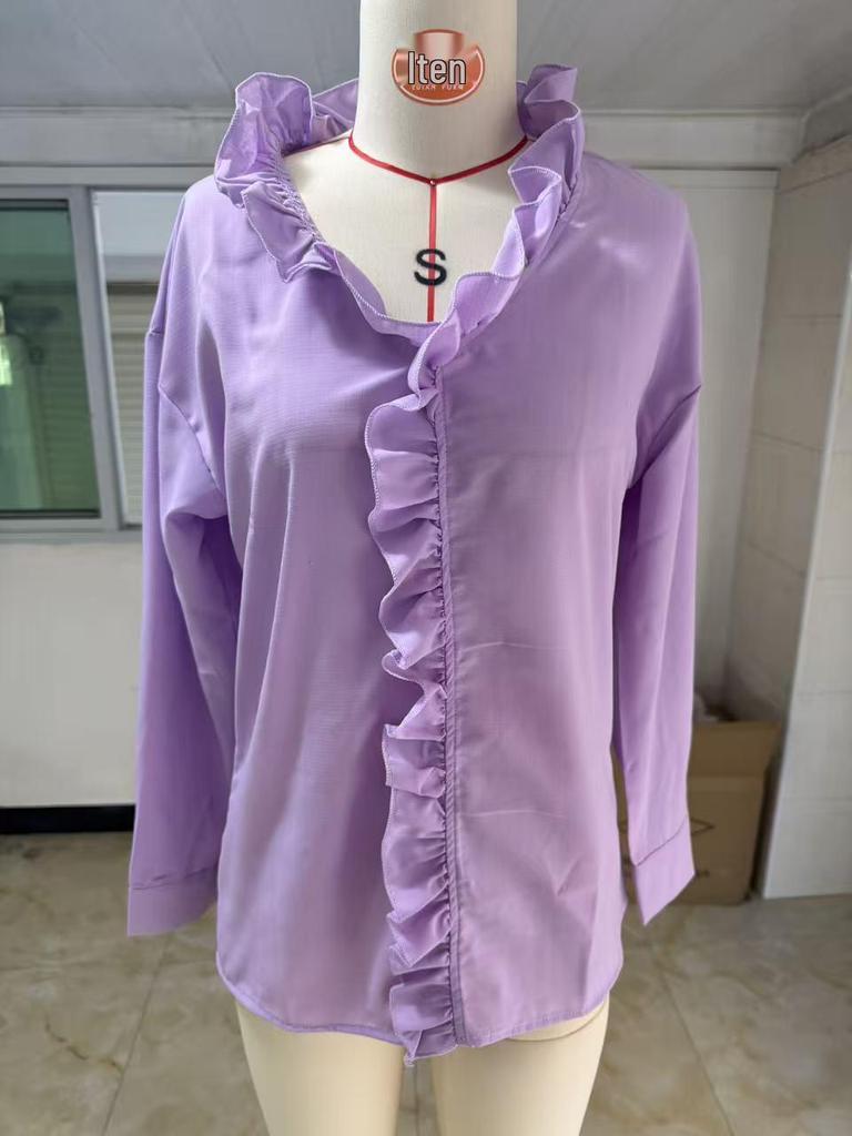 European Spring 2026 Women's Ruffle Trim Long-Sleeve Cotton Shirt