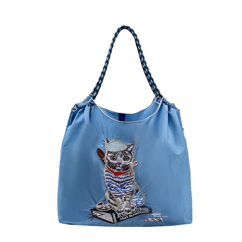 Trendige blaue bestickte Bucket Bag - Vielseitige Handtasche aus Oxford-Gewebe mit großem Fassungsvermögen