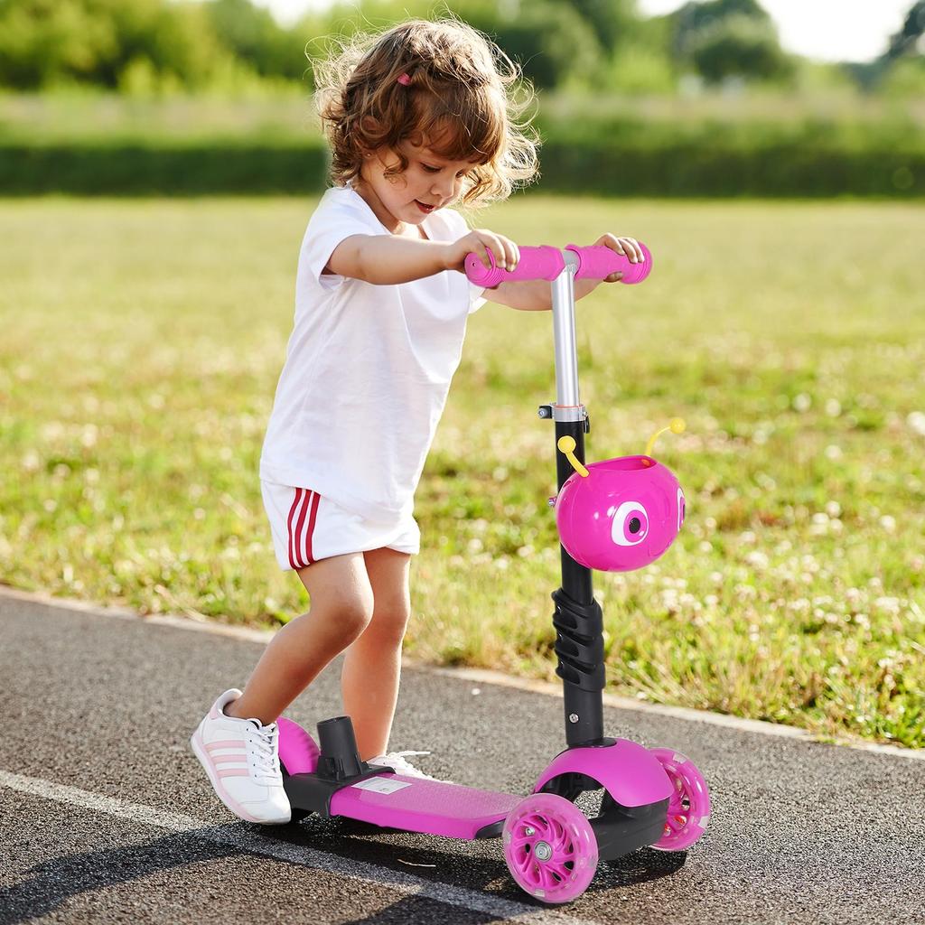Adjustable Kids Toddler Scooter, with Removable Seat, Back Handle, Pink
