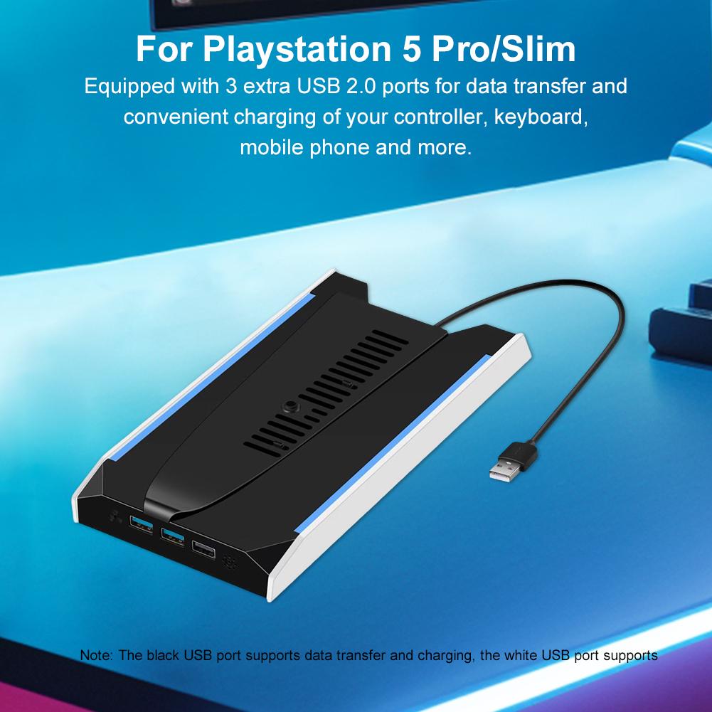 For PS 5 Slim/PS 5 Pro RGB Vertical Cooling Stand Base 8 Light Mode Game Console Base Bracket W/ 3-Speed Cooling Fan Base Stand