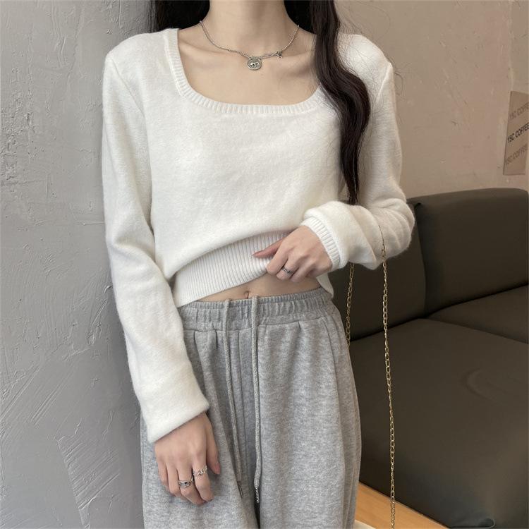 White knitted sweater women's autumn inner square collar short new design T-shirt