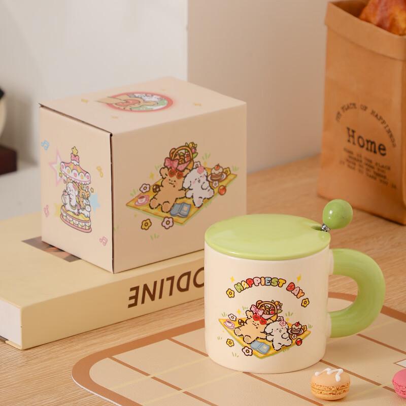 OLOEY Cartoon Puppy Ceramic Mug with Lid and Spoon