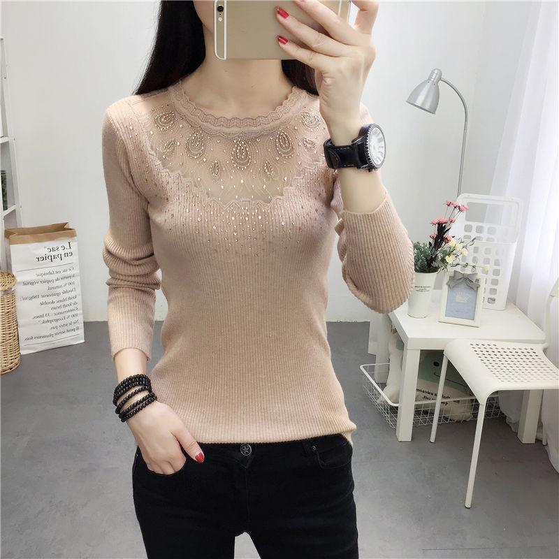 Pofulove Sexy Lace Openwork Bottom Shirt Long Sleeve Slim Round Neck Sweater Lady Sweater Pullover