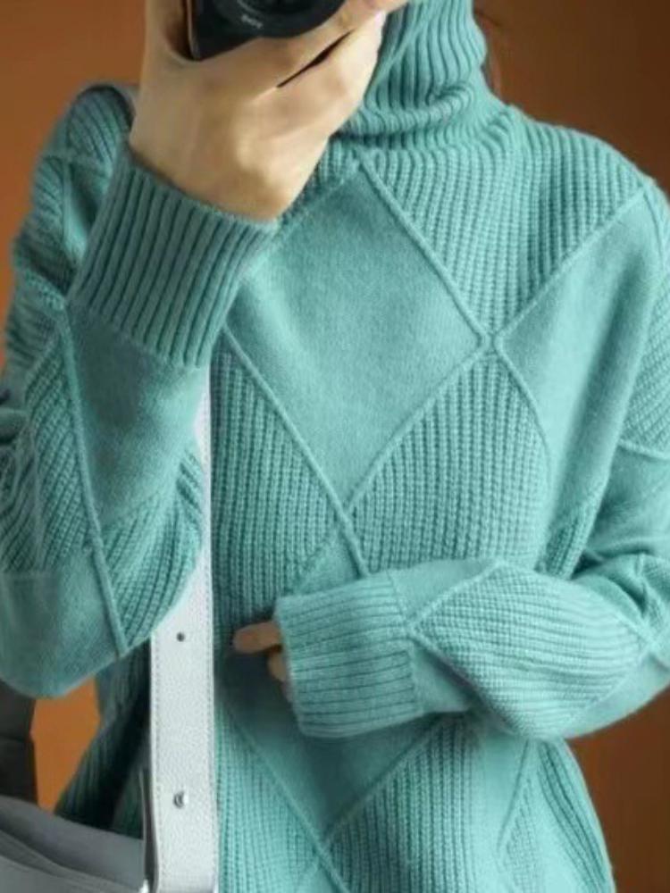 New In Autumn Winter Women Turtleneck Sweaters Full Sleeve Pullovers Spliced Thick Sweater Lozenge Elegant Lady Solid Outwear