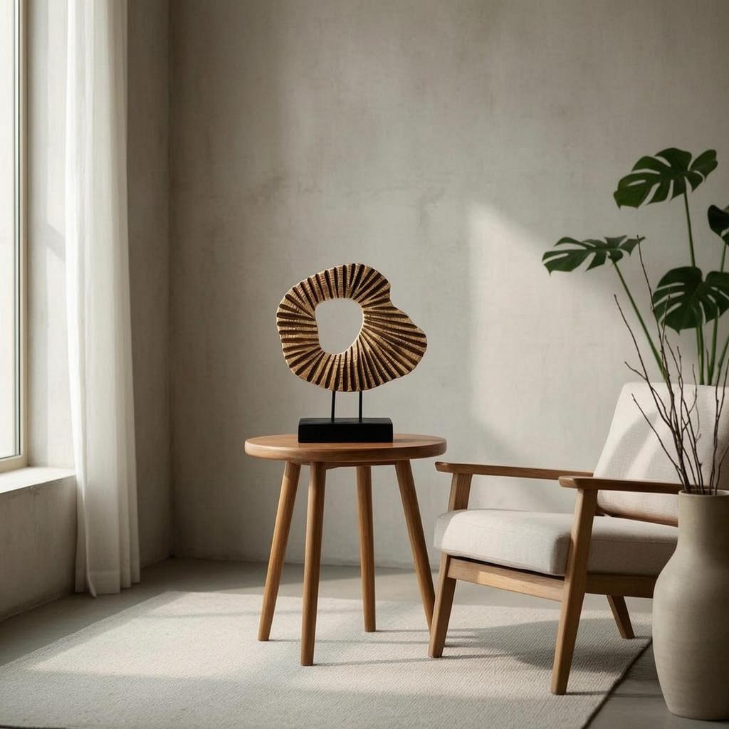 Resin Circular Form Sculpture WoodLook Abstract with Base Carved Statue Ebony