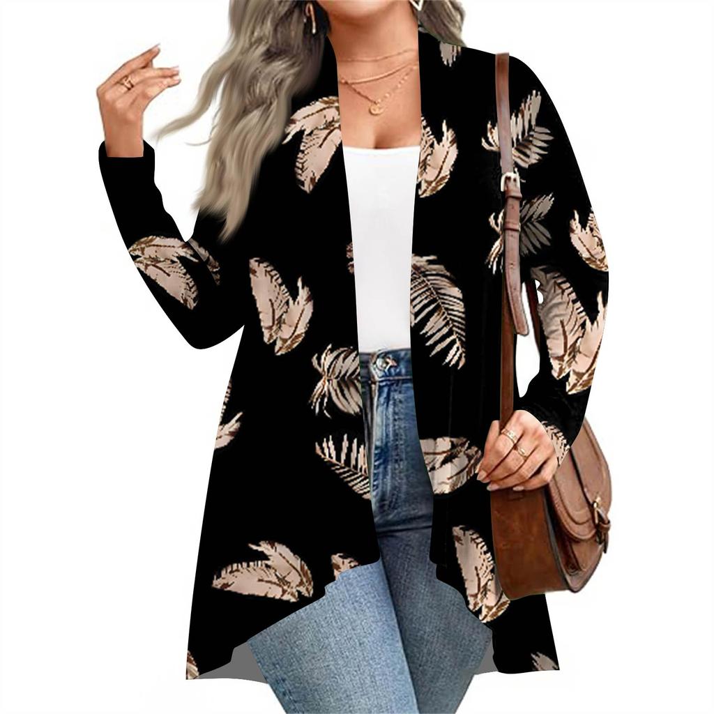 Damen Herbst- und Wintermode Lässiger Print Langarm Mittellange Strickjacke Jacke
