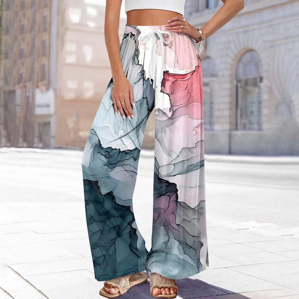 Women Summer Boho Palazzo Pants High Waist Wide Leg Printing Casual Trousers With Pockets