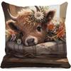 Highland Cow Throw Pillow Cover 1pc, Daisy Cow Pillowcase with Summer Floral Decor, Spring Flower Highland Cow Decorative Cushion