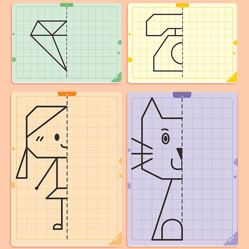 20 Sayfa Çocuk Kareli Simetrik Çizim Oyuncakları Konsantrasyon İnce Motor Becerisi Kalem Kontrolü Eğitimi Silinebilir Boyama Kartları