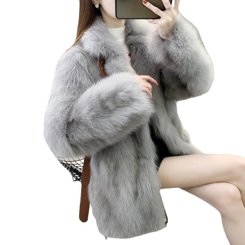 Imitation fox fur jacket women's suit collar Haining medium and long fur integrated thin fur coat